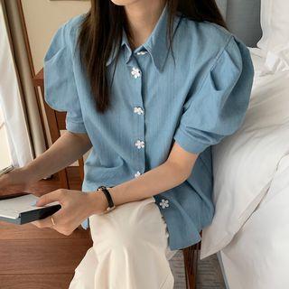 Puff-sleeve Flower Button Denim Blouse Blue - One Size