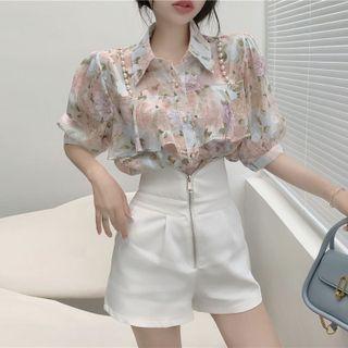 Elbow-sleeve Floral Print Shirt / High-waist Shorts