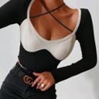 Long-sleeve Two-tone Strappy Crop Top