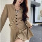 Cropped V-neck Shirt / High-waist Pleated Mini Skirt
