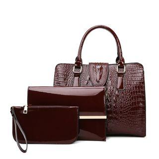 Set: Croc Grain Tote Bag + Clutch + Wristlet