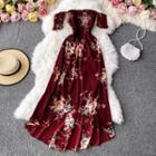 Off-shoulder Floral Print Chiffon Maxi Dress Wine Red - One Size