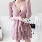 Ribbed Layered A-line Knit Dress Pink - One Size