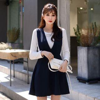 Deep-v-neck Mini Pinafore Dress