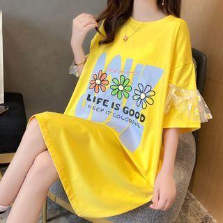 Elbow-sleeve Floral Print T-shirt Dress