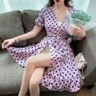 Puff-sleeve Dotted Tie-waist Mini A-line Dress