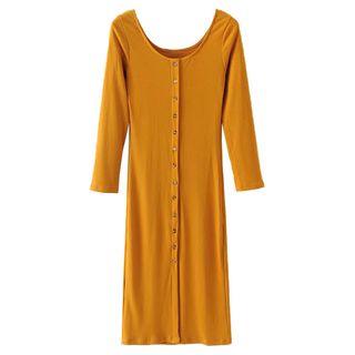 Scoop-neck Buttoned Ribbed Midi Dress