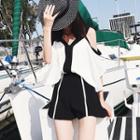 Set: Cut Out Shoulder 3/4 Sleeve Blouse + Contrast Trim Shorts