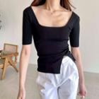 Short Sleeve Square Neck Slit Knit Top