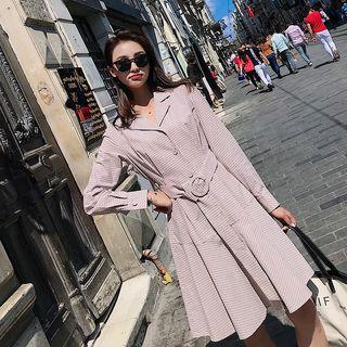 Long-sleeve Collared Plaid Tie-waist Shirtdress