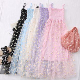 Mesh-hem Smocked Sleeveless Dress