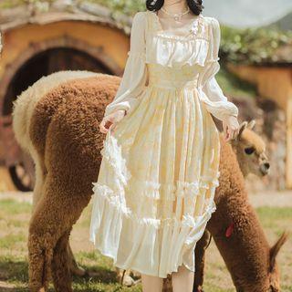 Long-sleeve Ruffle Lace Midi A-line Dress