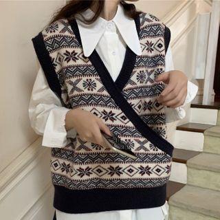 Long-sleeve Plain Shirt / Jacquard Knit Vest