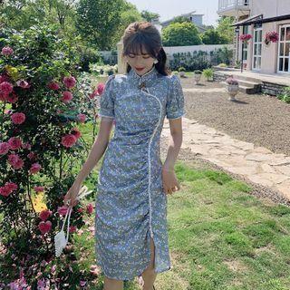 Crochet Trim Floral Short-sleeve Mini Qipao