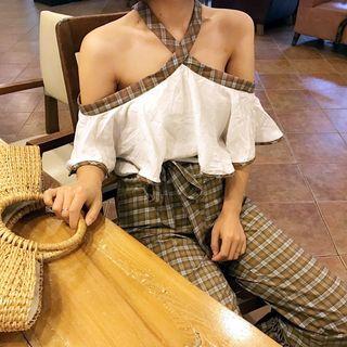Check Cropped Boot-cut Pants