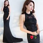 Lace Panel Trained Evening Gown
