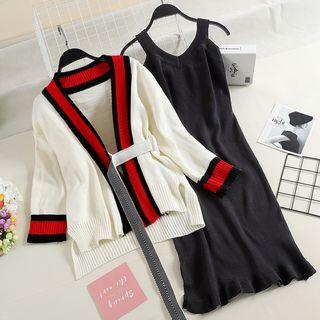 V-neck Sleeveless Knit Dress / Striped Side Tie Cardigan