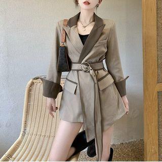 Details Asymmetrical Long Blazer With Belt