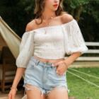 Off-shoulder Flower Embroidery Cropped Top