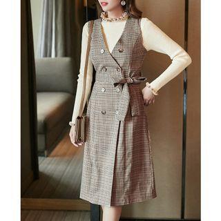 Set: Long-sleeve Knit Top + Plaid Overall Dress