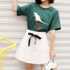 Set: Short-sleeve Dinosaur Print T-shirt + A-line Skirt