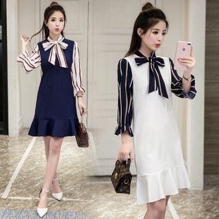 Tie-neck Striped Mock Two-piece Dress