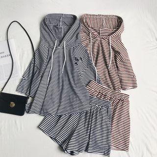 Set: Elbow-sleeve Striped Hoodie + Wide-leg Sweatshorts