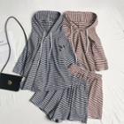 Set: Elbow-sleeve Striped Hoodie + Wide-leg Sweatshorts