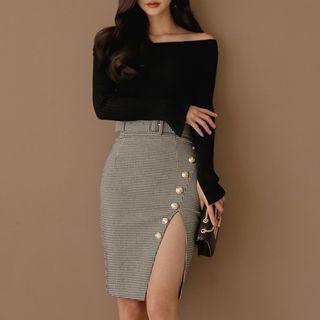 Off-shoulder Knit Top / Buttoned Slit-side Pencil Skirt
