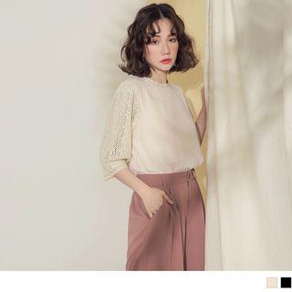 Elbow Sleeve Lace Panel Chiffon Top