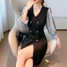 Long-sleeve Mesh Panel Double-breasted Blazer Knit Dress