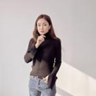 Turtle-neck Slit-sleeve Ribbed Top