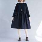 Long-sleeve Plain A-line Dress Black - One Size