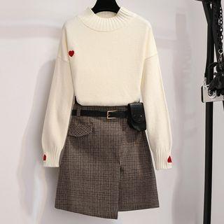 Heart Embroidered Sweater / Plaid A-line Skirt / Set