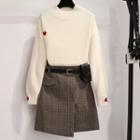 Heart Embroidered Sweater / Plaid A-line Skirt / Set