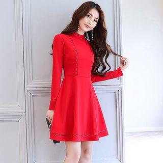 Mock Collar Crochet Panel A-line Dress