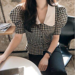 Sailor Collar Gingham Top Black & White - One Size