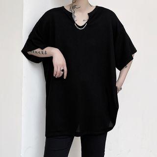 V-neck Faux Pearl Detail Oversized Tee