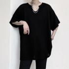 V-neck Faux Pearl Detail Oversized Tee