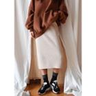 Wool Blend Rib-knit H-line Midi Skirt