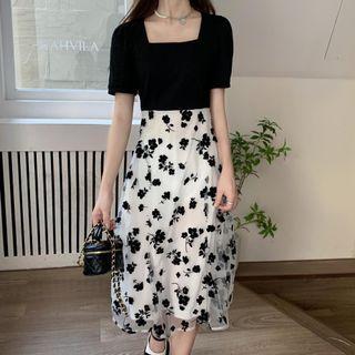 Short-sleeve Square Neck Floral Panel A-line Dress (various Designs)