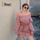Striped Off-shoulder Sweatshirt / Corduroy Mini Skirt