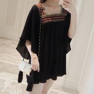 Elbow-sleeve Square Neck Chiffon Top