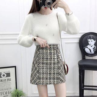 Set: Beaded Knit Top + Check A-line Skirt