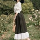 Set: Elbow-sleeve Square-neck Blouse + Midi A-line Skirt