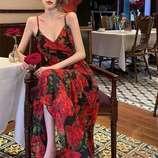 Spaghetti-strap Floral Maxi A-line Dress Floral - Red - One Size