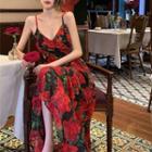 Spaghetti-strap Floral Maxi A-line Dress Floral - Red - One Size