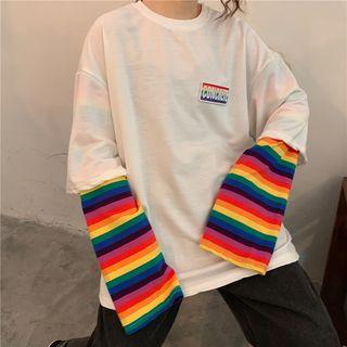 Rainbow Stripe Panel Sleeve Round Neck Top