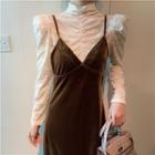 Plain Mock-neck Slim-fit Ruched Lace Top / Plain V-neck Slim-fit Sleeveless Dress