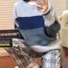 Long-sleeve Color Block Sweater / High-waist Plaid Pants